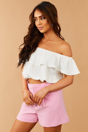 Off White Textured Ruffle Off Shoulder Crop Top