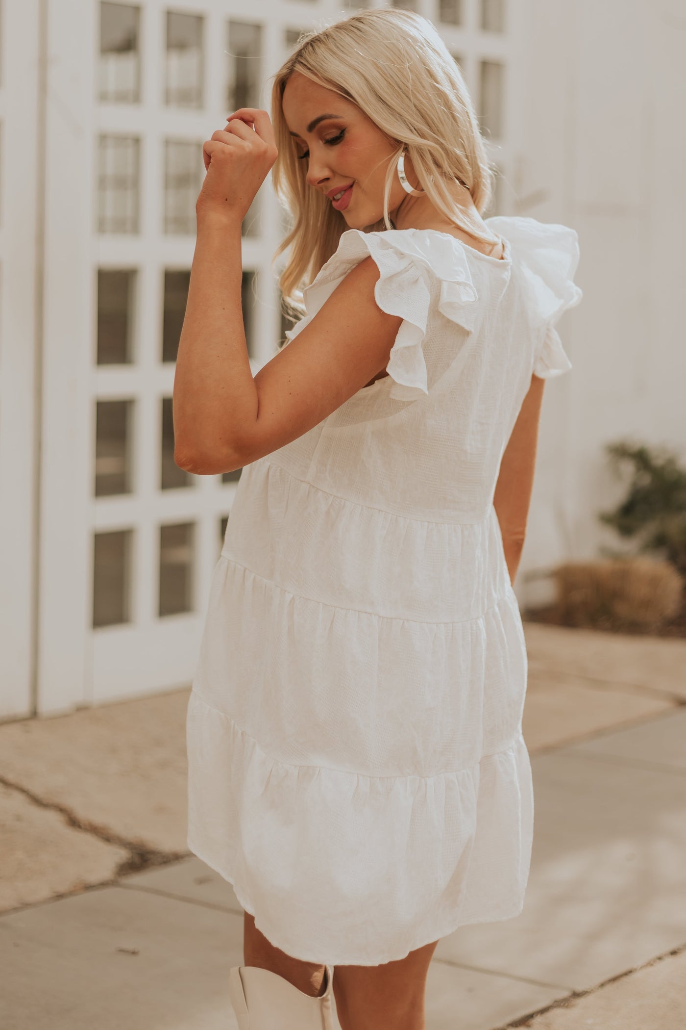 Off White Textured Ruffle Sleeve Short Dress