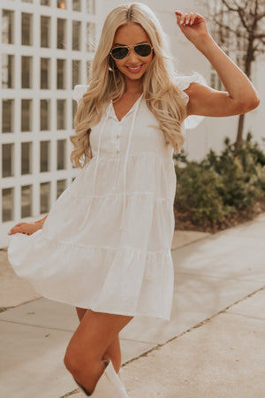Off White Textured Ruffle Sleeve Short Dress