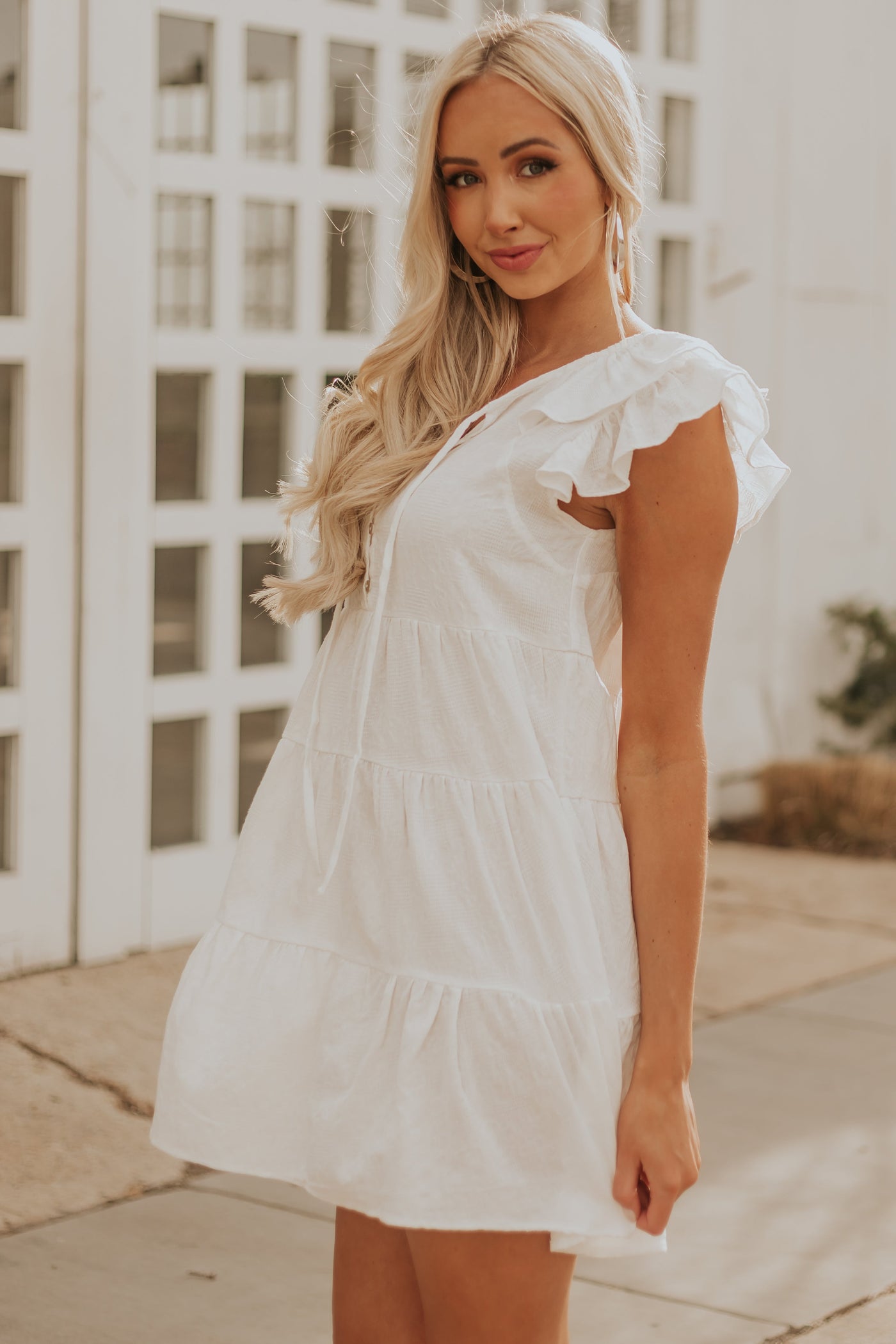 Off White Textured Ruffle Sleeve Short Dress