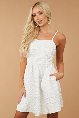Off White Textured Sleeveless Open Tie Back Dress