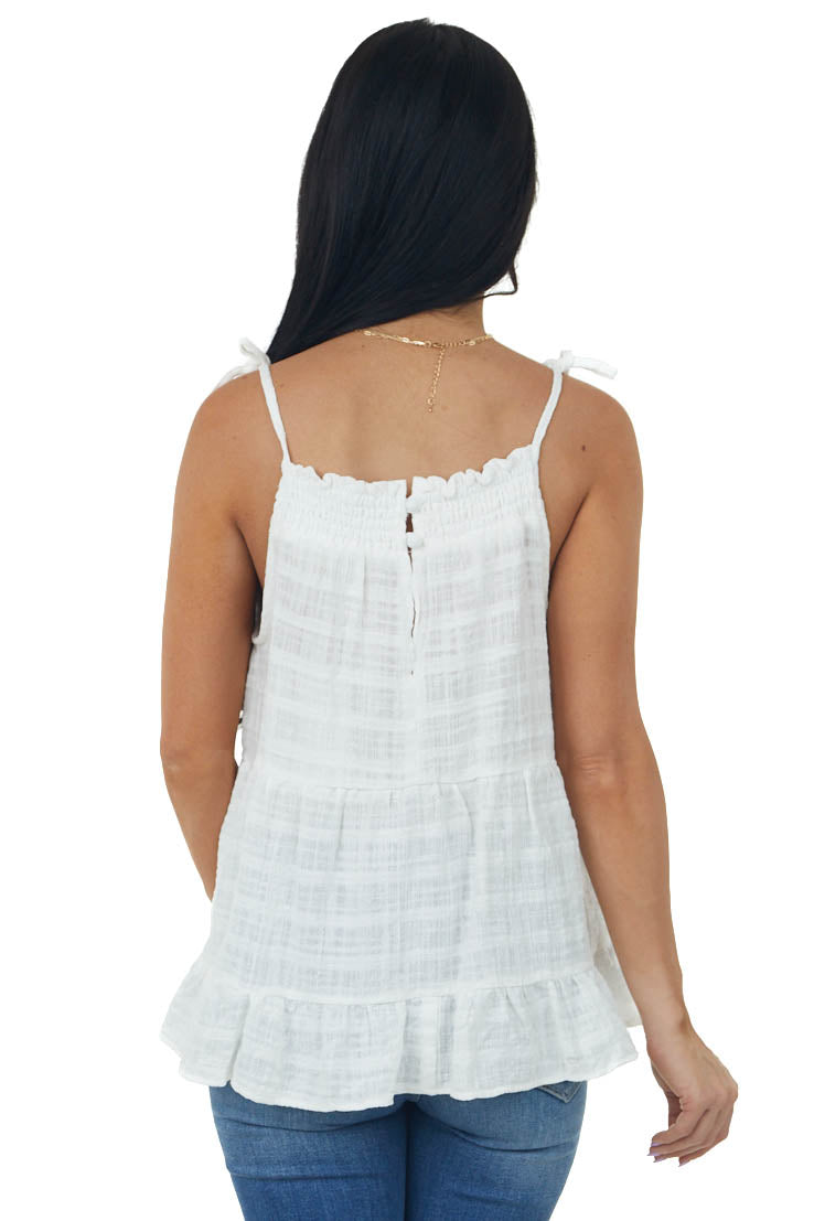 Off White Tie Strap Tiered Woven Tank Top