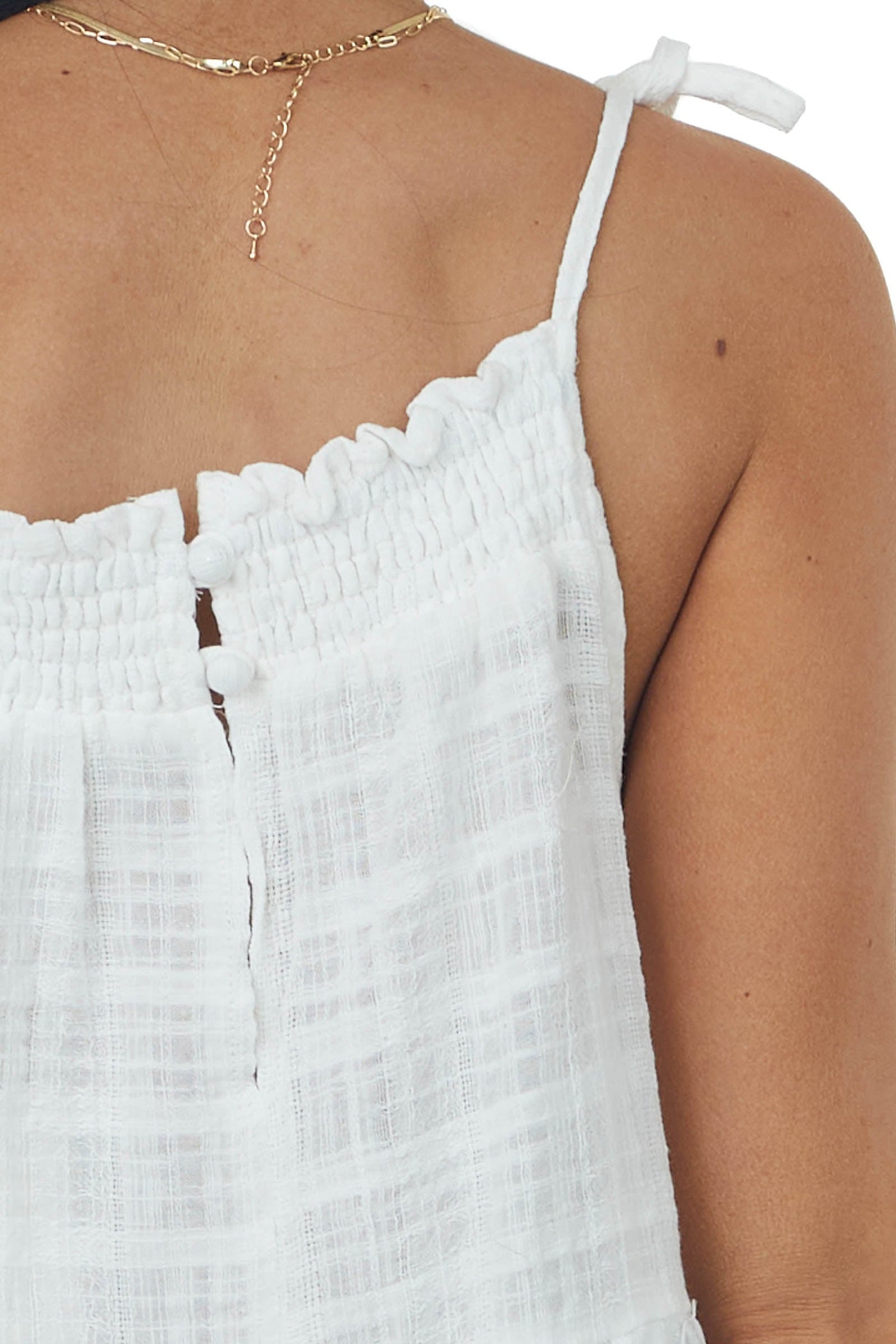 Off White Tie Strap Tiered Woven Tank Top