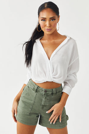Off White Tucked Hem Cropped Button Shirt
