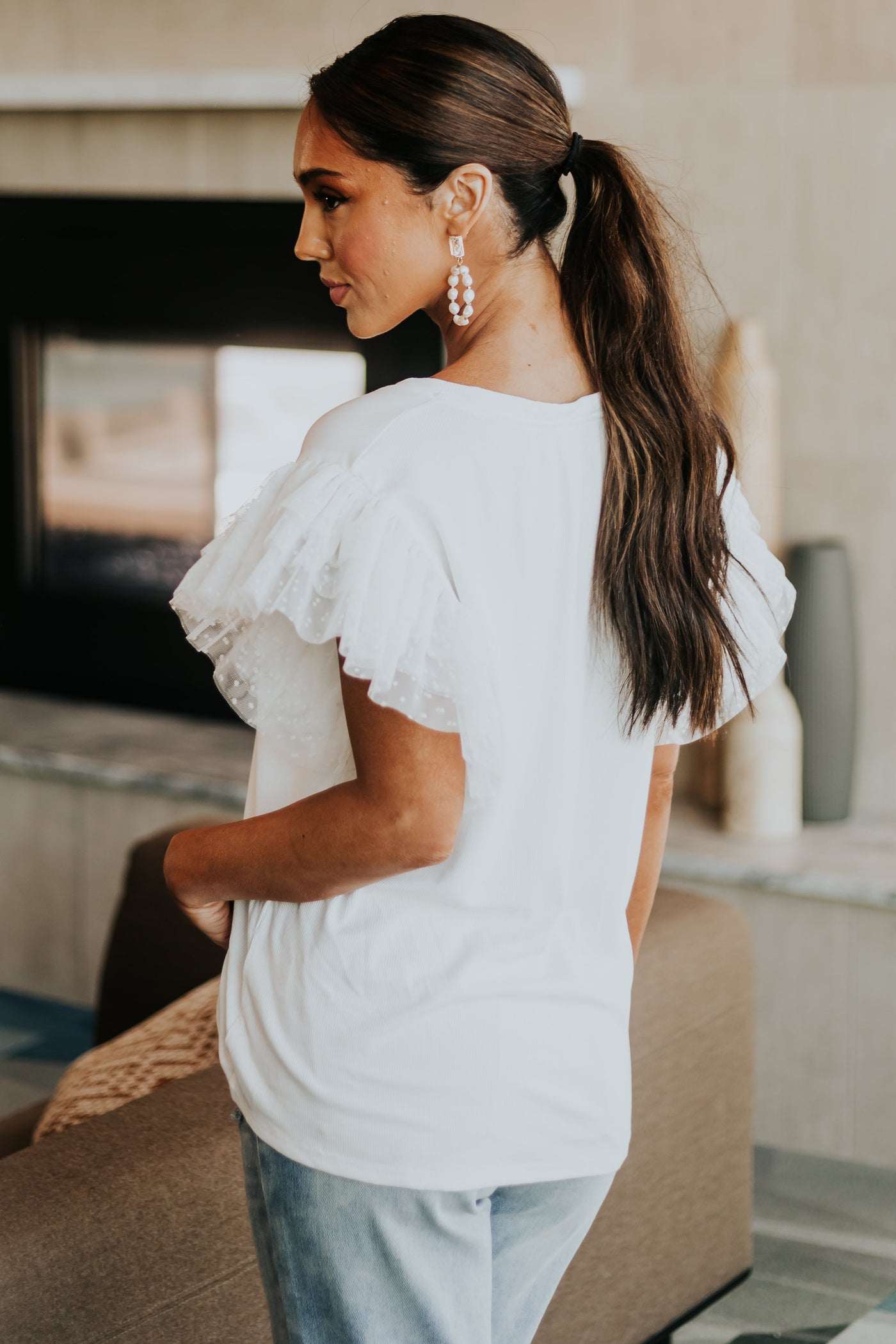 Off White Tulle Swiss Dot Sleeve Ribbed Knit Top