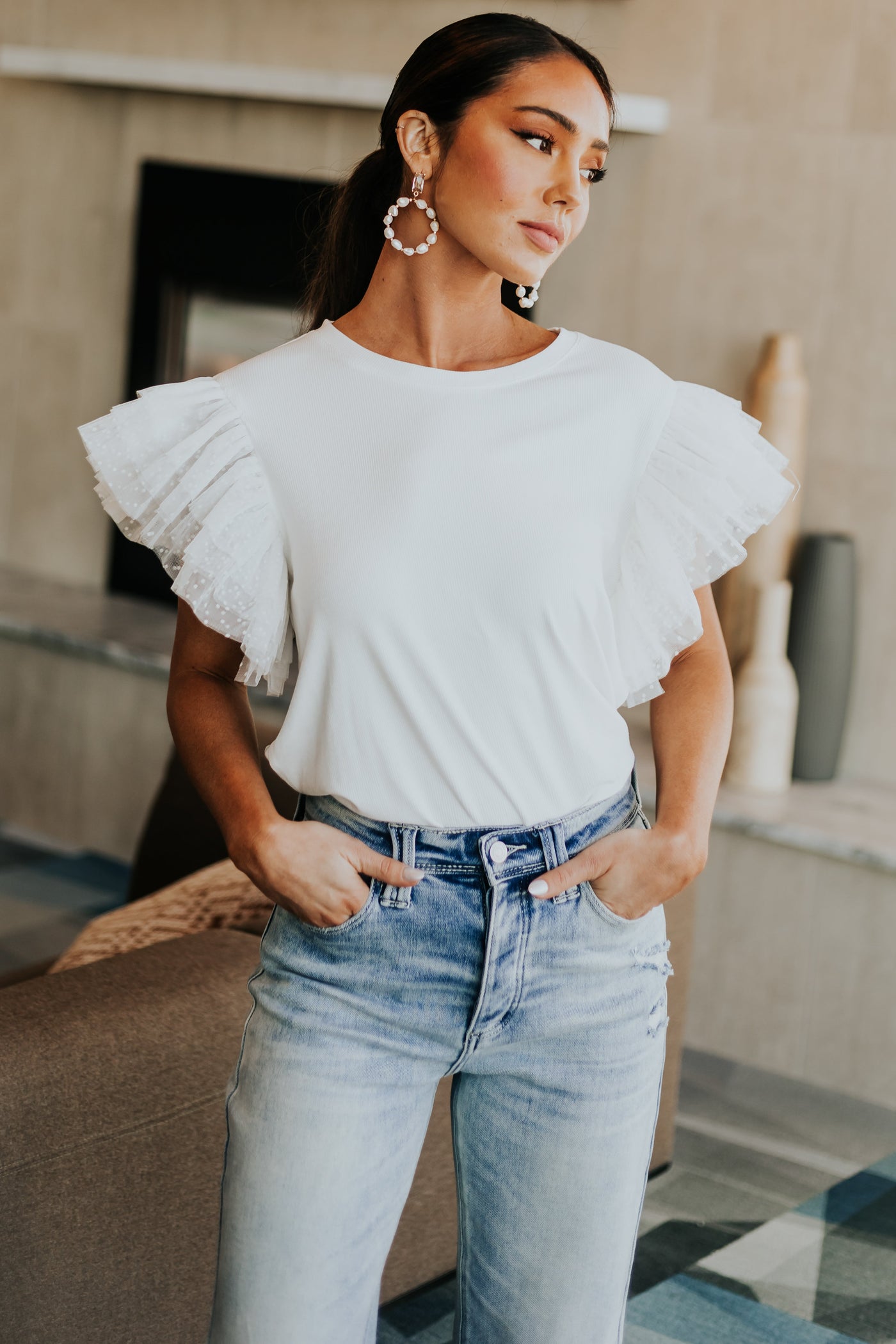 Off White Tulle Swiss Dot Sleeve Ribbed Knit Top