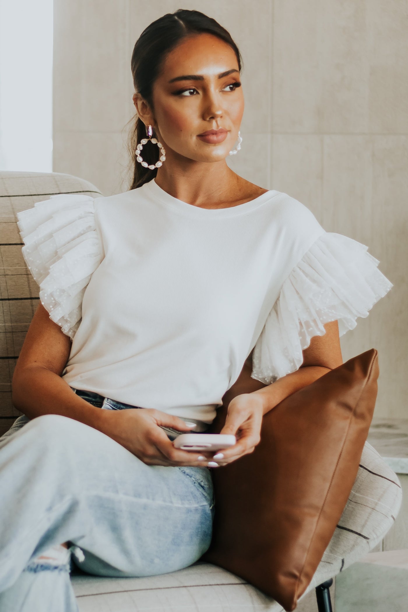 Off White Tulle Swiss Dot Sleeve Ribbed Knit Top