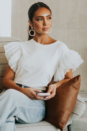 Off White Tulle Swiss Dot Sleeve Ribbed Knit Top