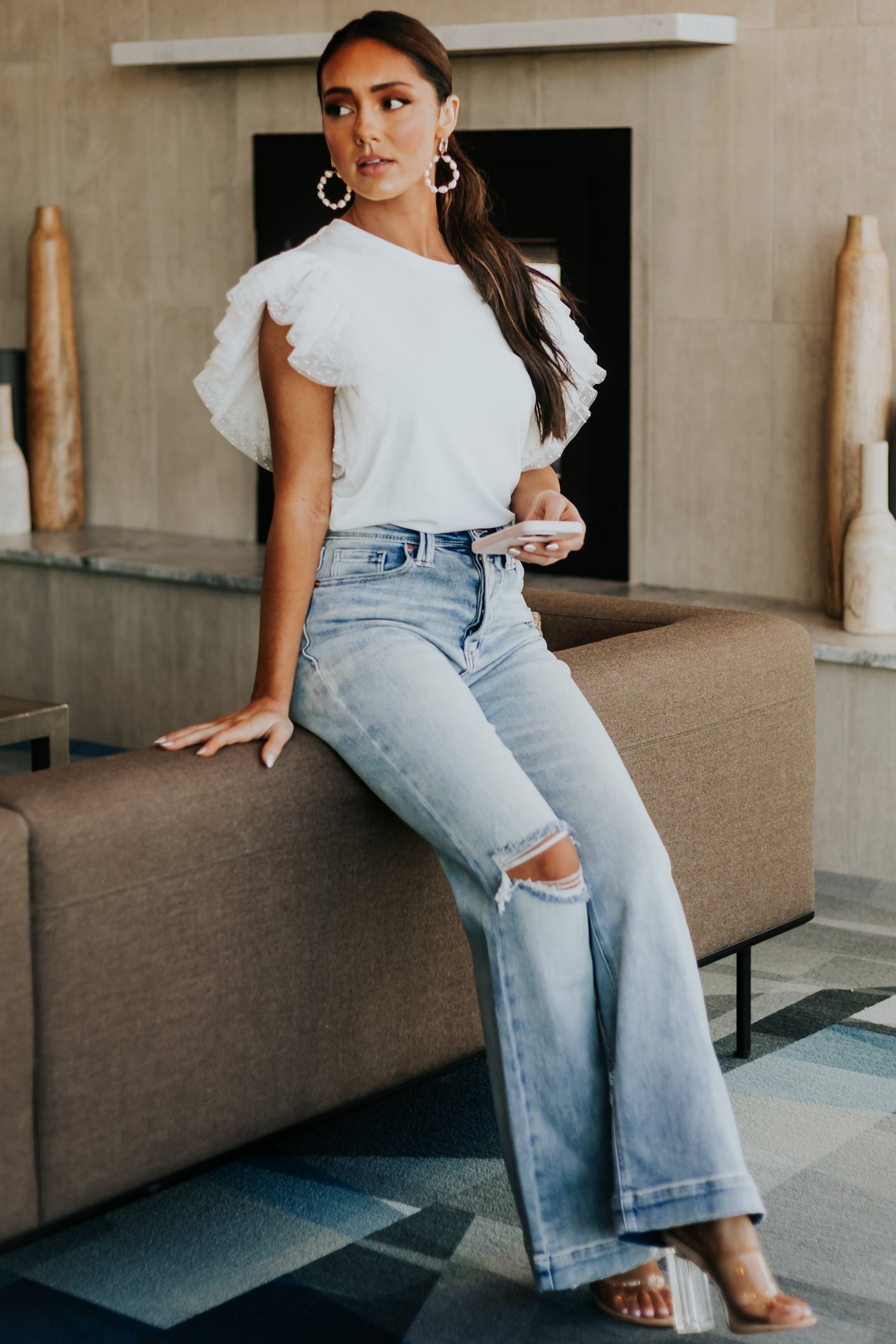 Off White Tulle Swiss Dot Sleeve Ribbed Knit Top