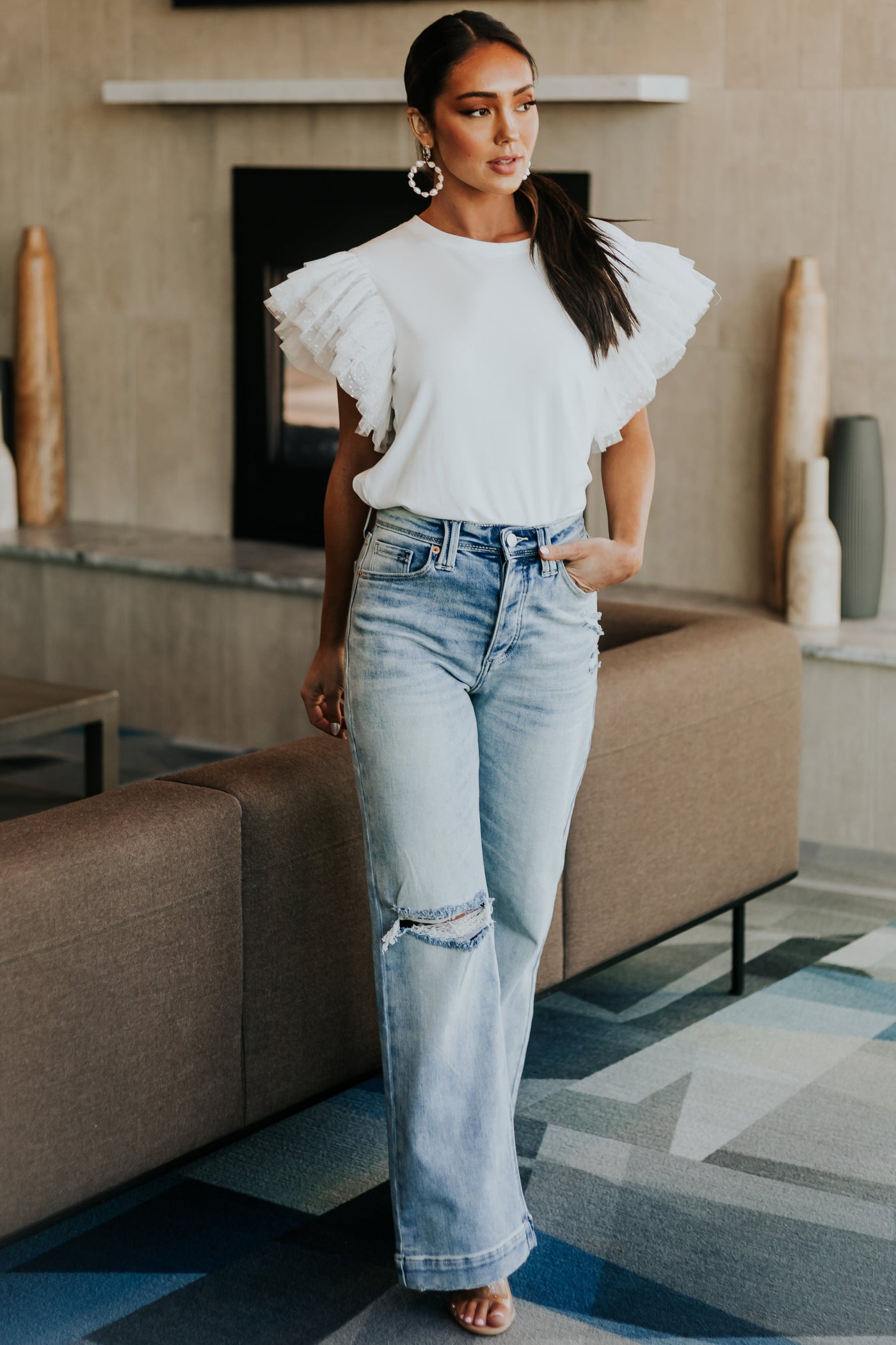 Off White Tulle Swiss Dot Sleeve Ribbed Knit Top