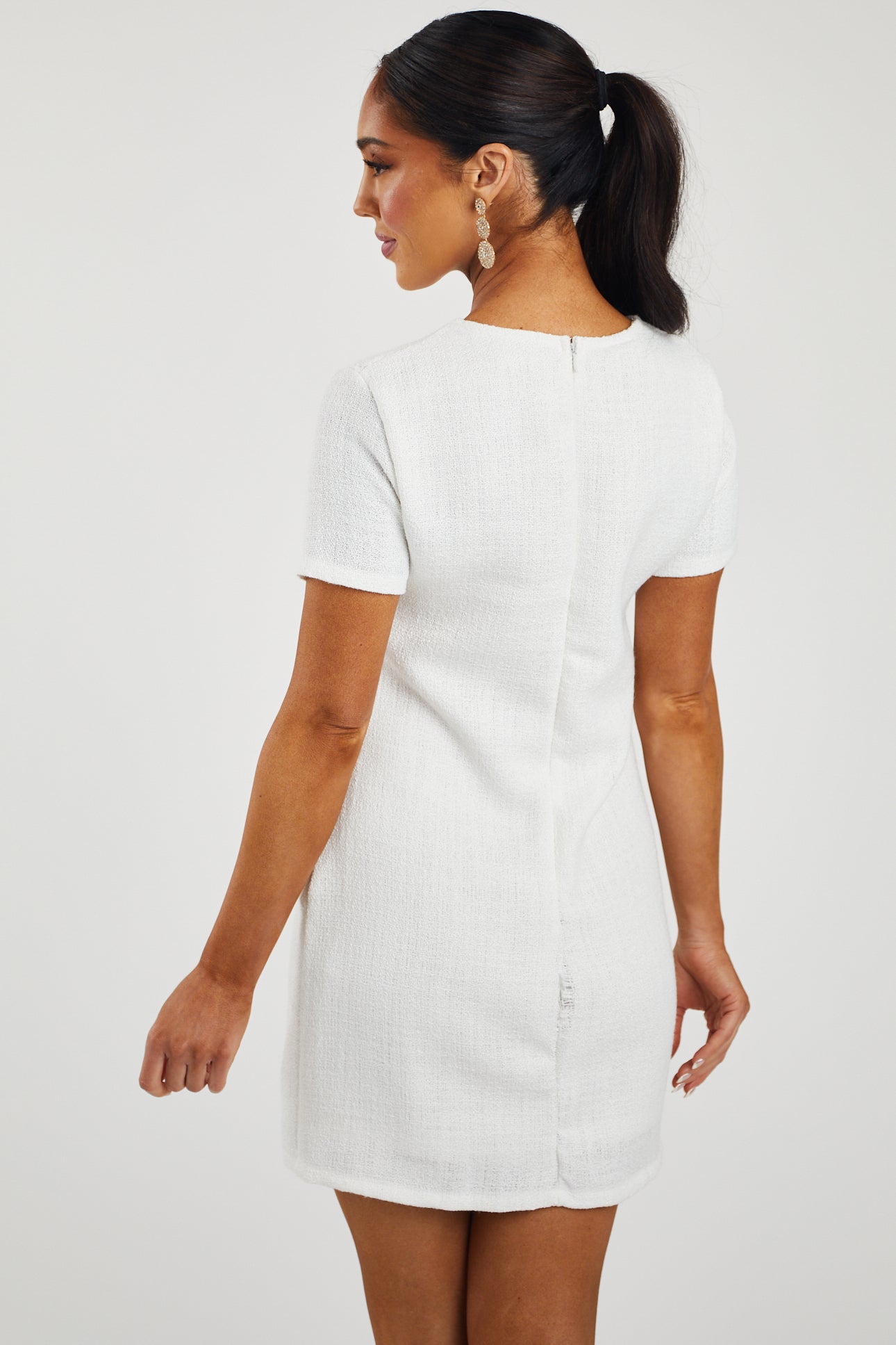 Off White Tweed Short Sleeve Sheath Mini DressOff White Tweed Short Sleeve Sheath Mini Dress