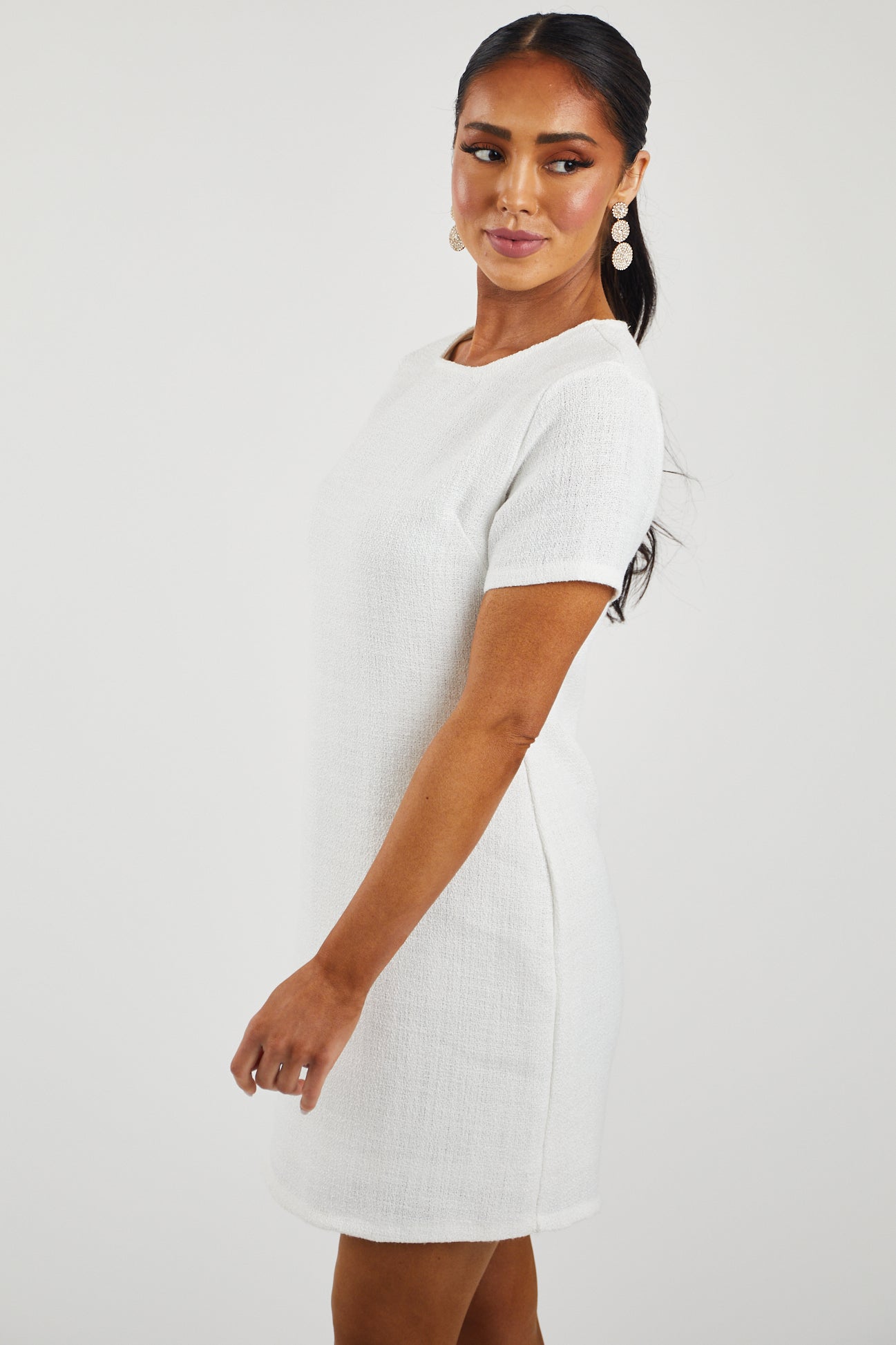 Off White Tweed Short Sleeve Sheath Mini Dress