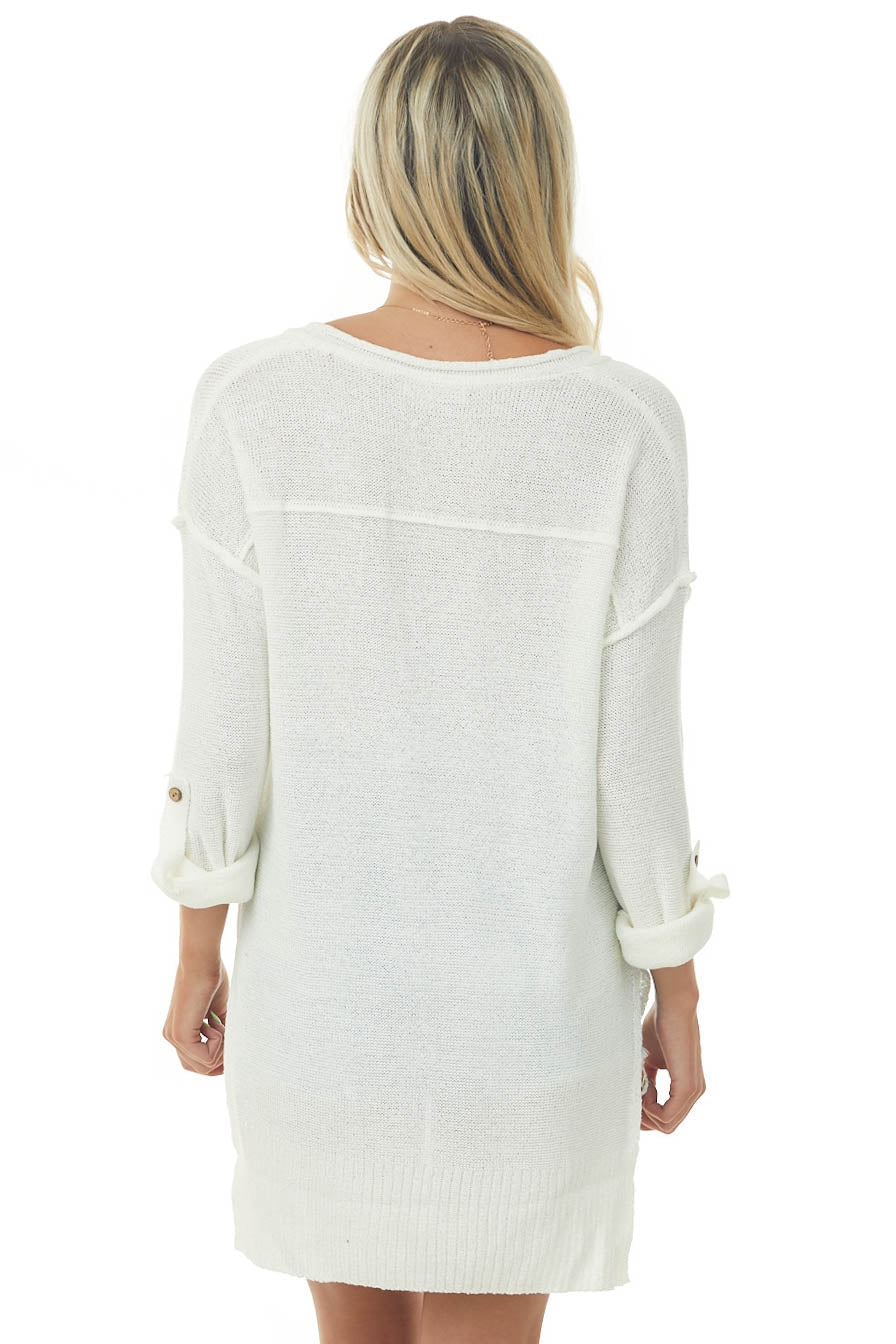 Off White V Neck Knit Sweater with Wood Button Details
