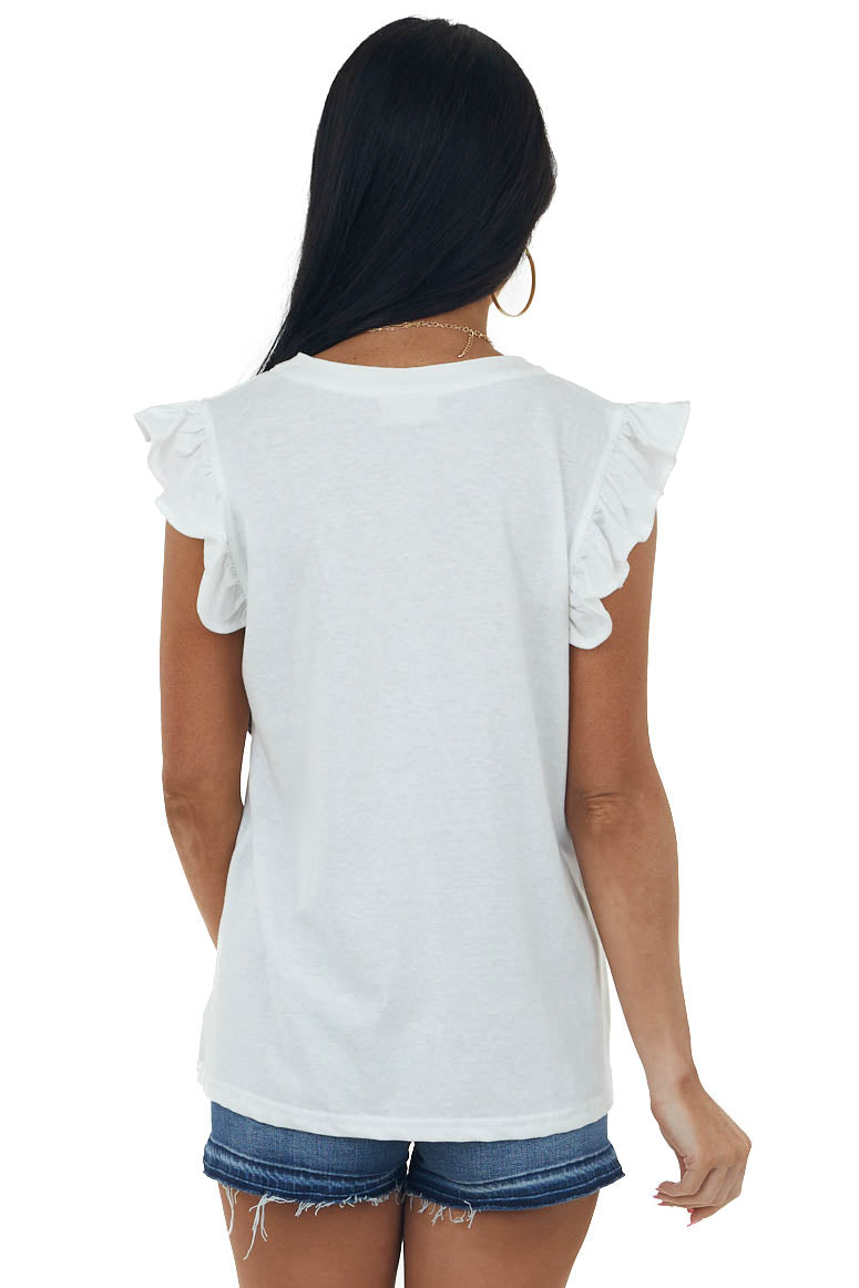 Off White V Neck Ruffle Cap Sleeve Knit Top
