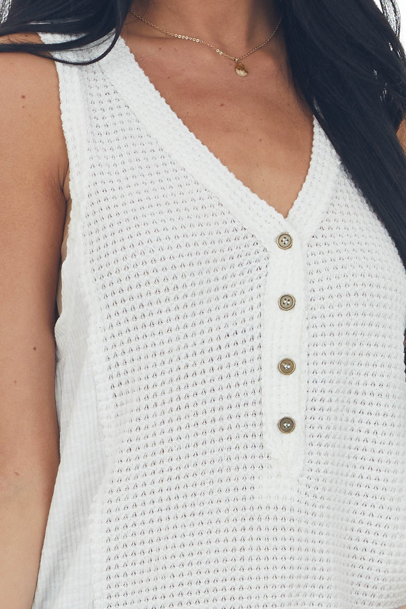 Off White Waffle Knit Button Front Tank Top