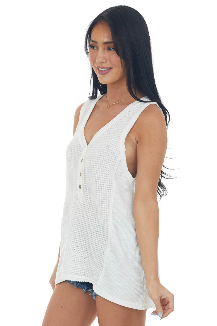 Off White Waffle Knit Button Front Tank Top