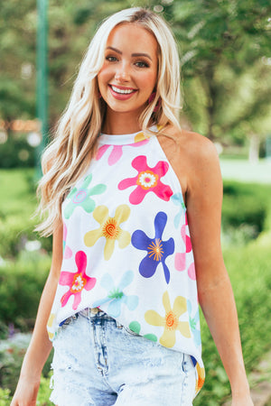 Off White Abstract Floral Halter Neck Knit Tank