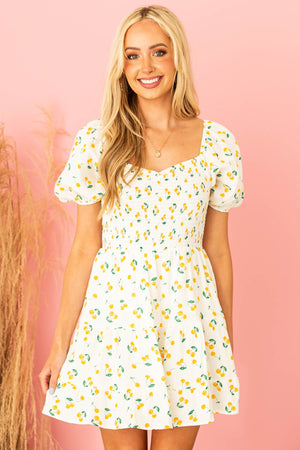 Off White Cherry Print Smocked Tiered Dress