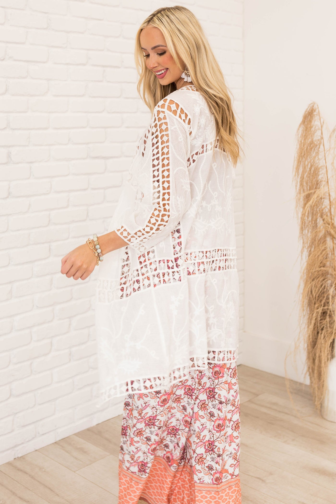Off White Crochet Lace Open Front Kimono