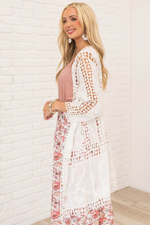 Off White Crochet Lace Open Front Kimono