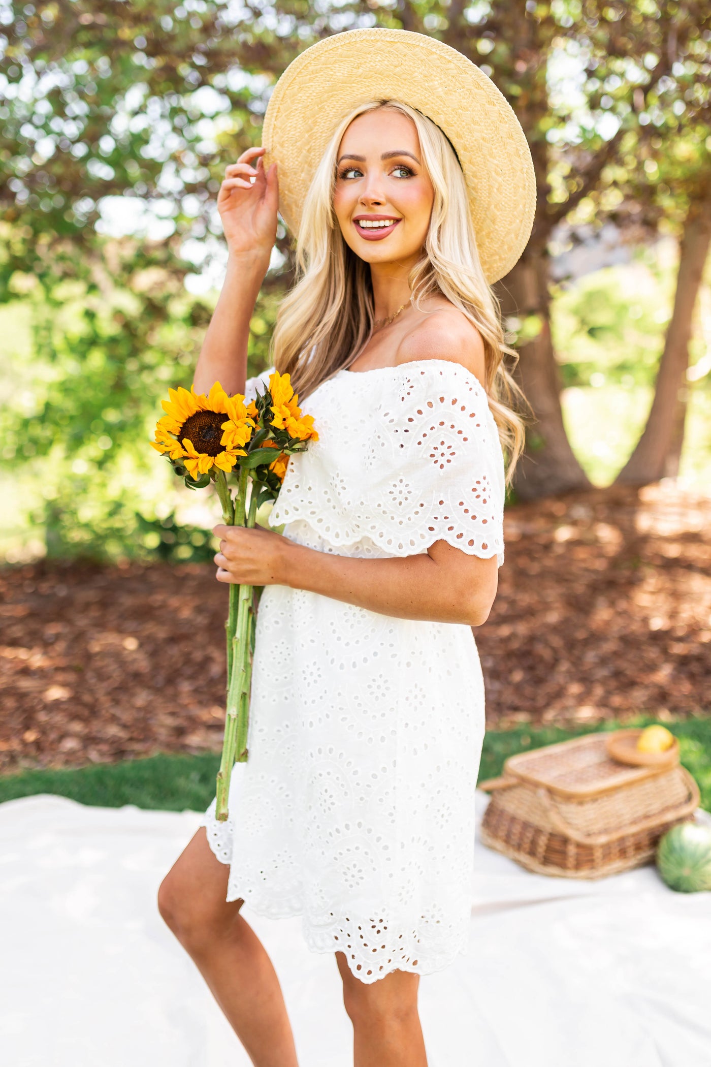 Off White Eyelet Lace Off Shoulder Short Dress