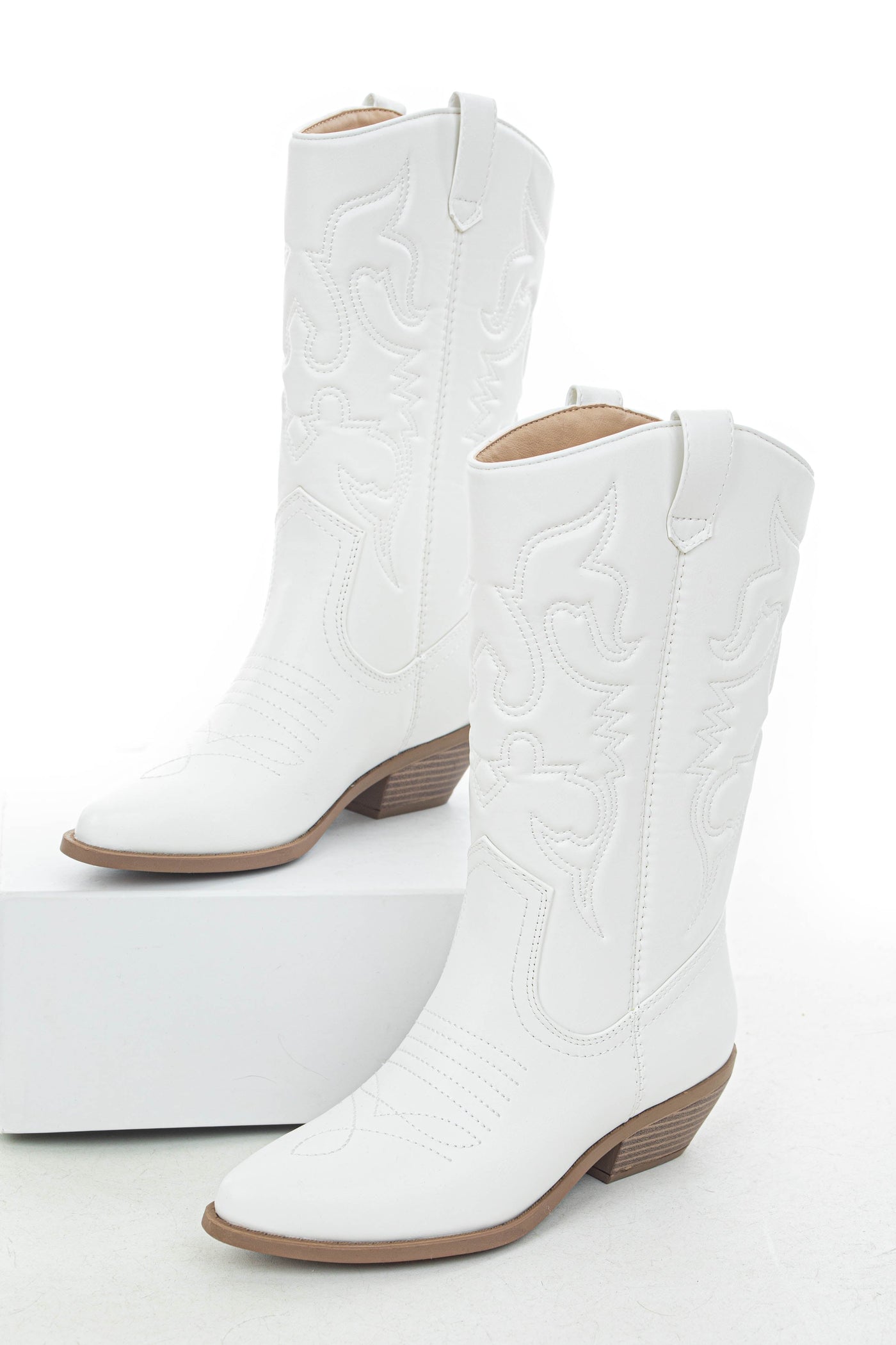 Off White Faux Leather Embroidered Western Boots