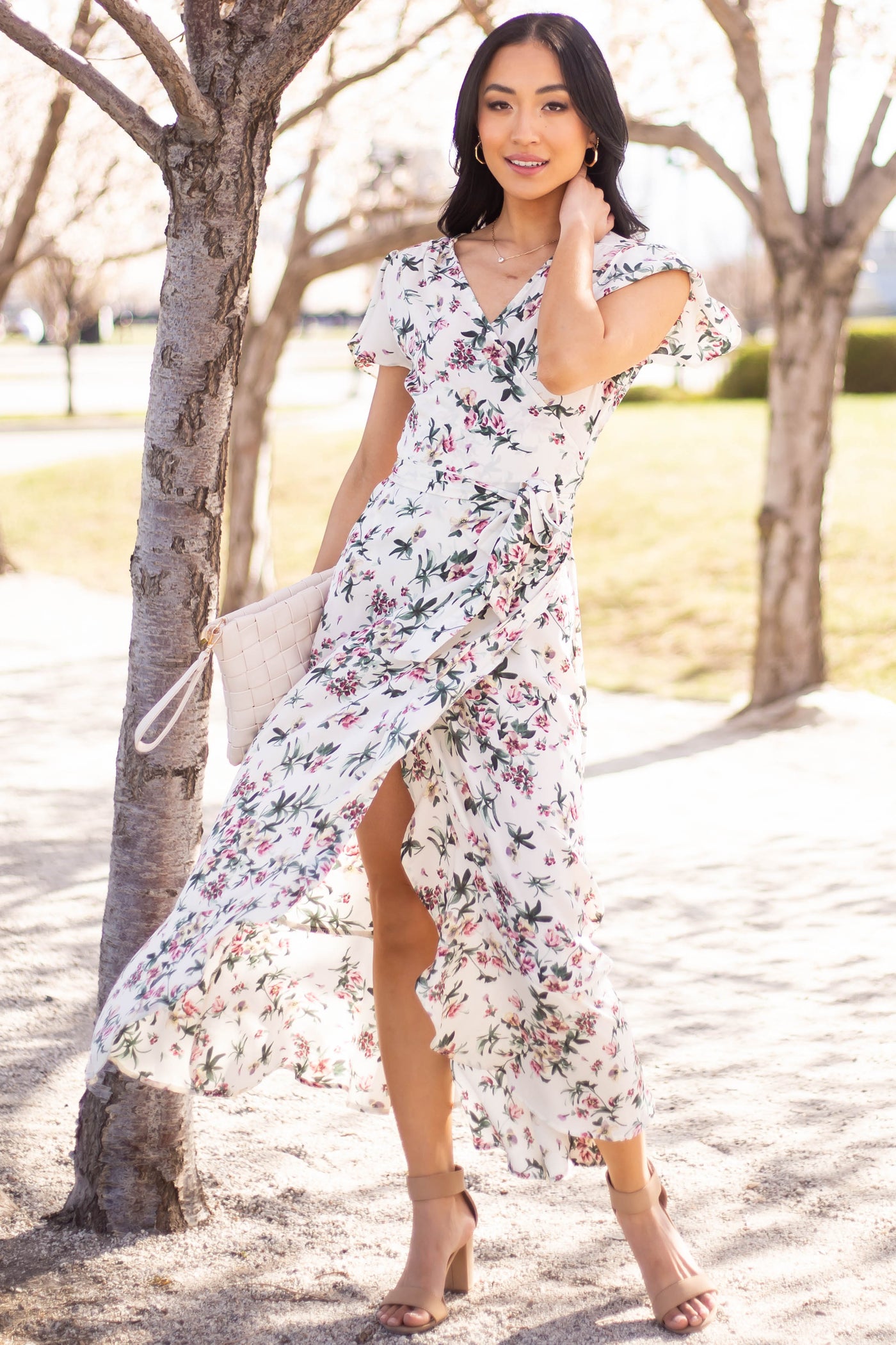 Off White Floral Flutter Sleeve Wrap Midi Dress