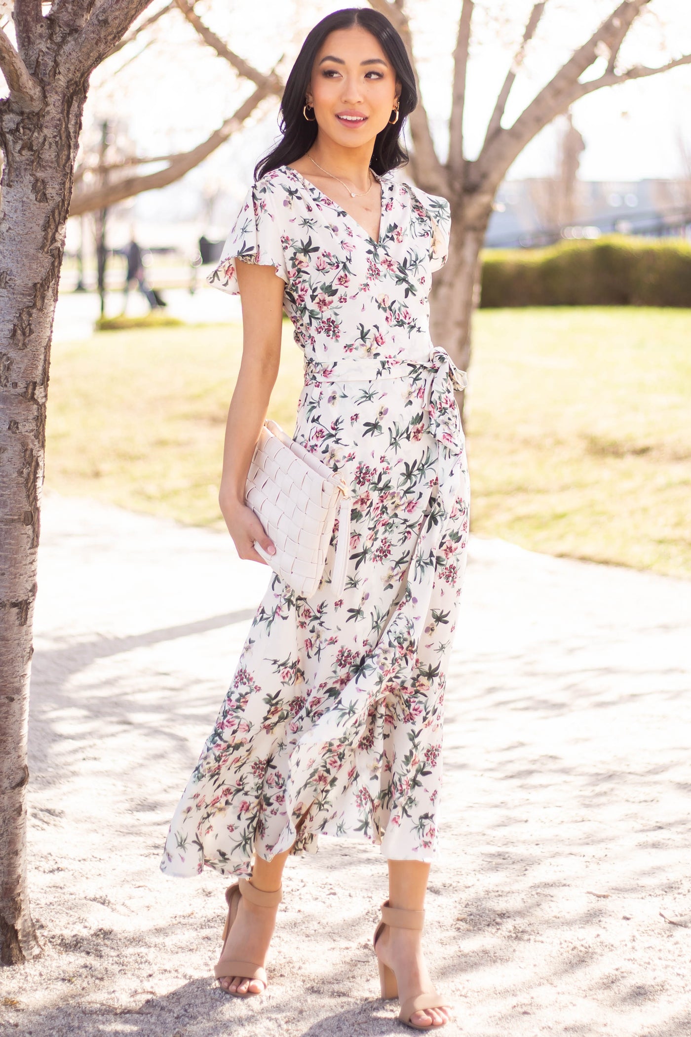 Off White Floral Flutter Sleeve Wrap Midi Dress