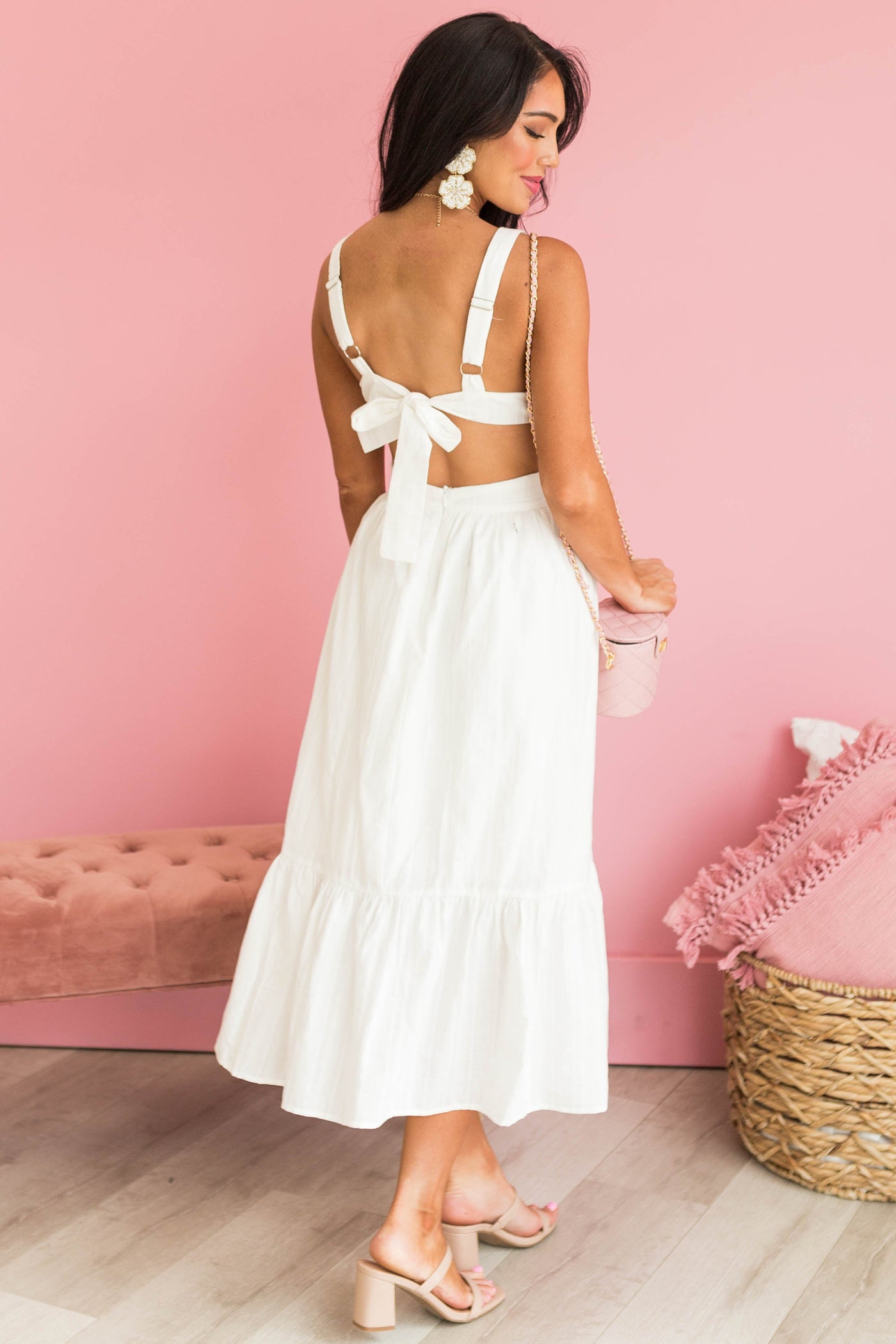 Off White Sleeveless Plunging V Neck Midi Dress