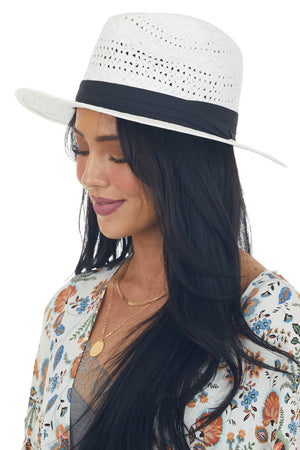 Off White Straw Hat with Black Ribbon Trim