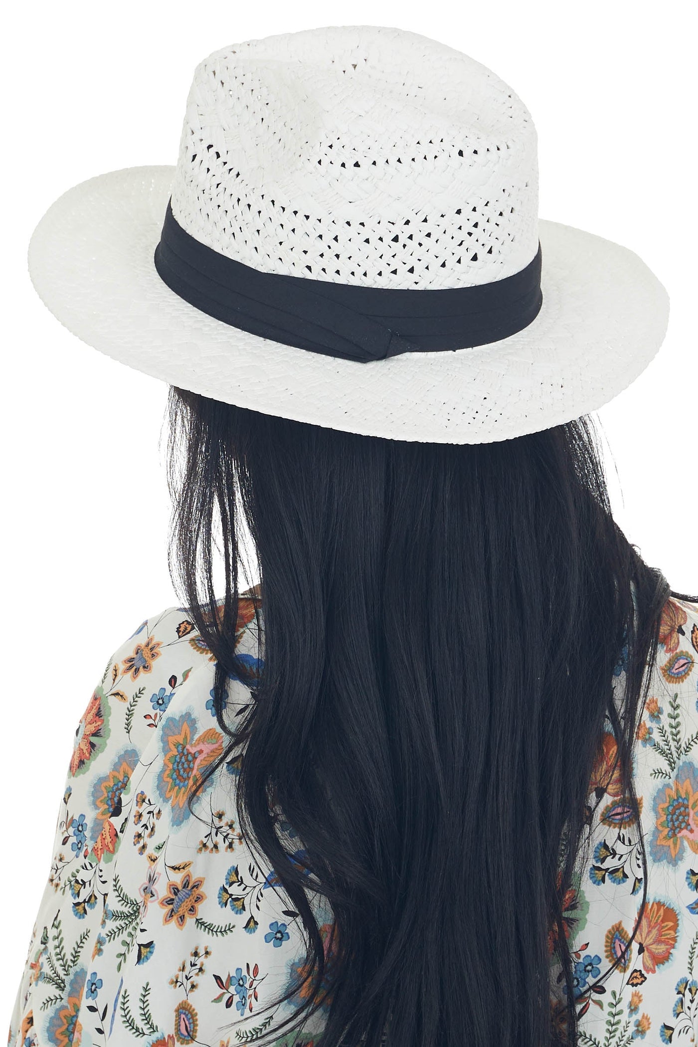 Off White Straw Hat with Black Ribbon Trim