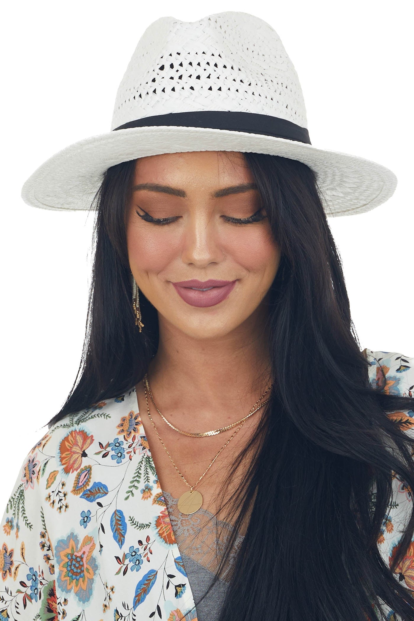 Off White Straw Hat with Black Ribbon Trim