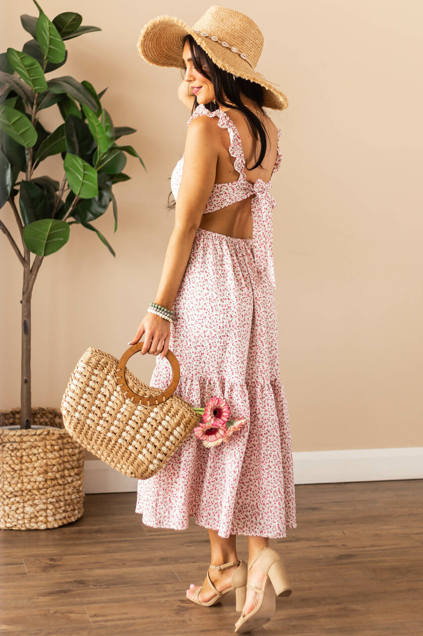 Off White Ditsy Floral Sleeveless Midi Dress