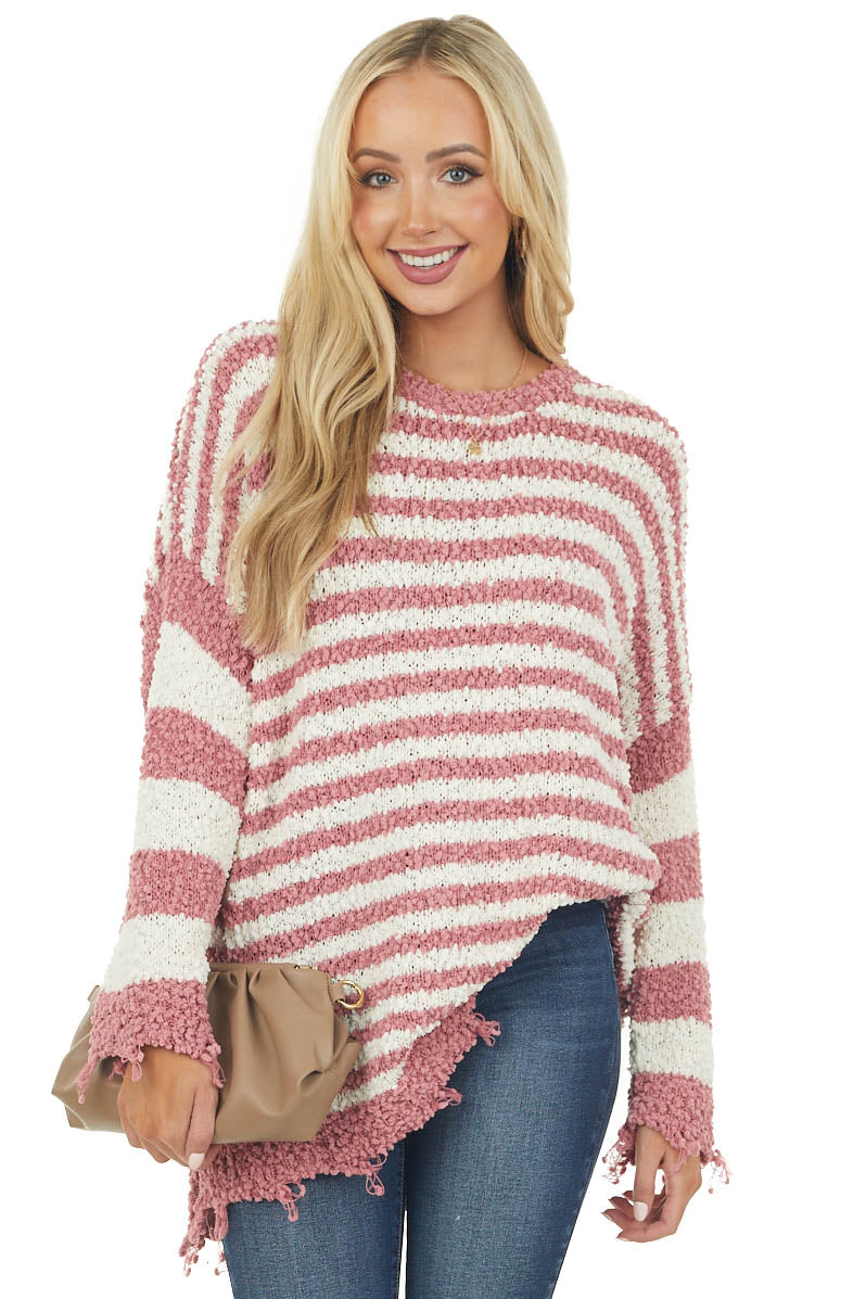 Old Rose and Ivory Striped Distressed Sweater