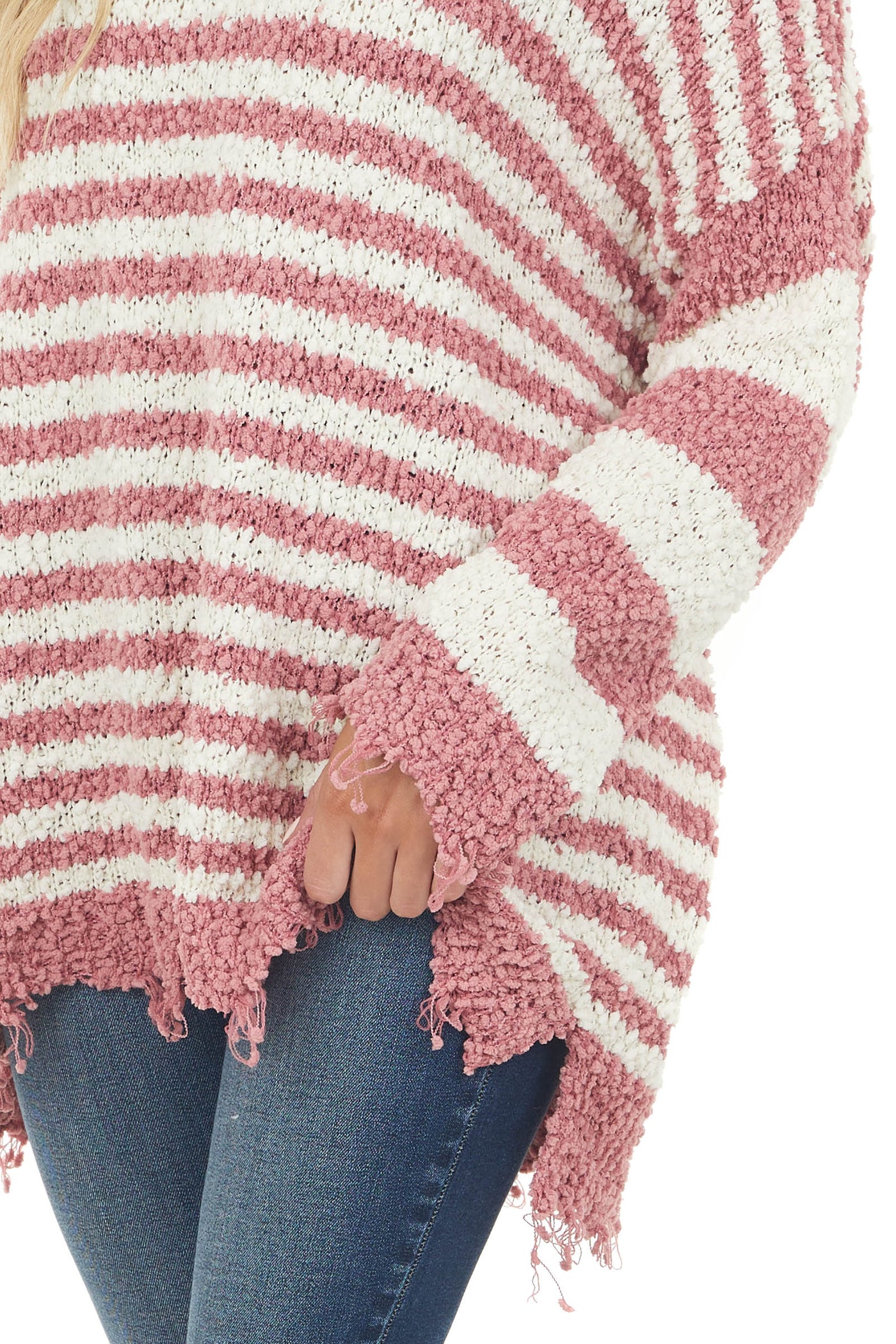 Old Rose and Ivory Striped Distressed Sweater