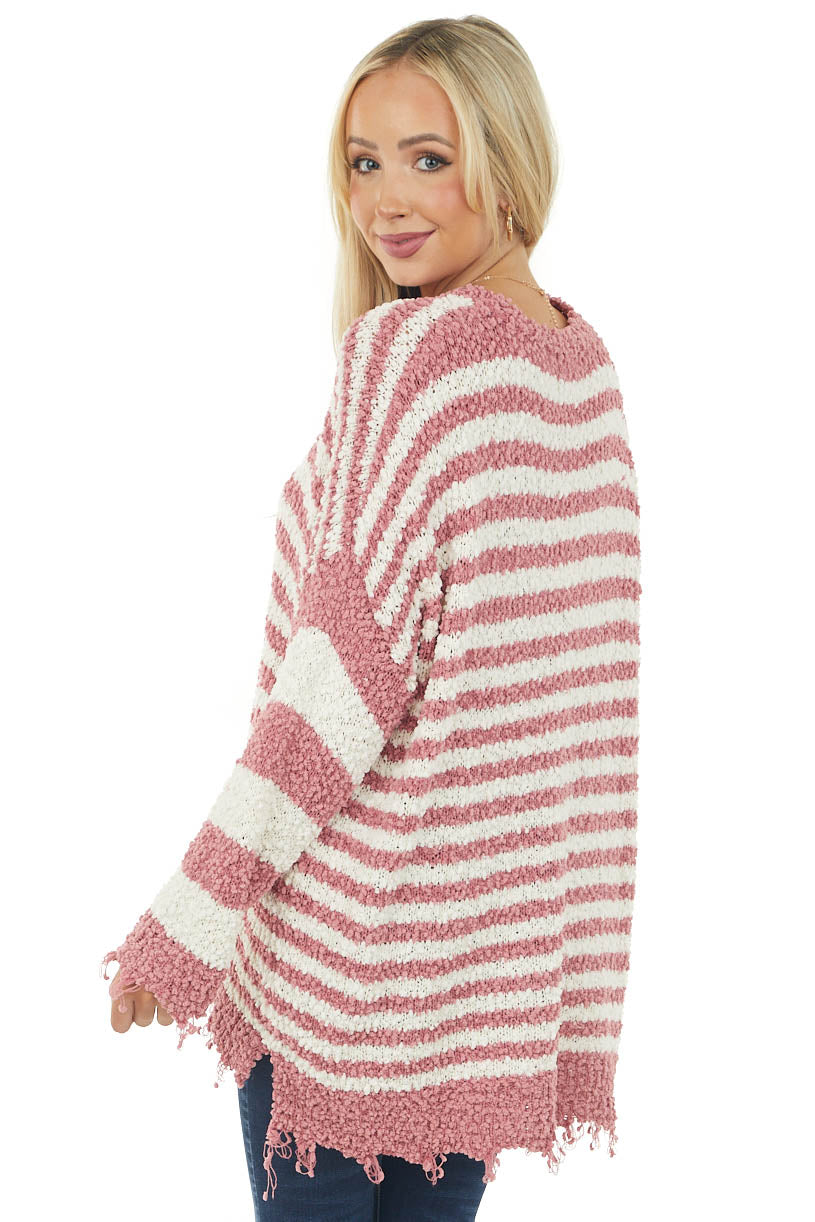 Old Rose and Ivory Striped Distressed Sweater