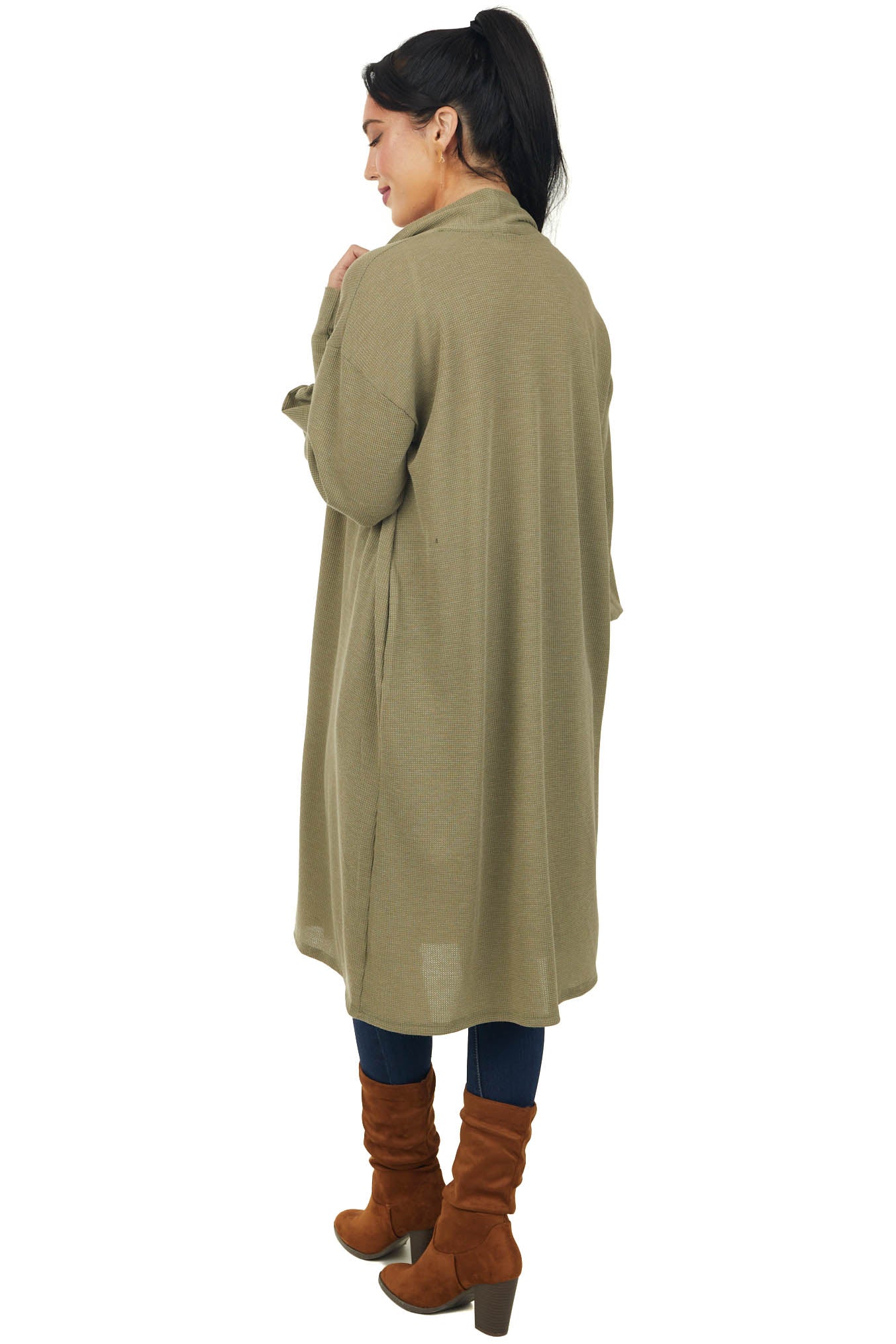 Olive Bubble Sleeve Thermal Knit Duster Cardigan