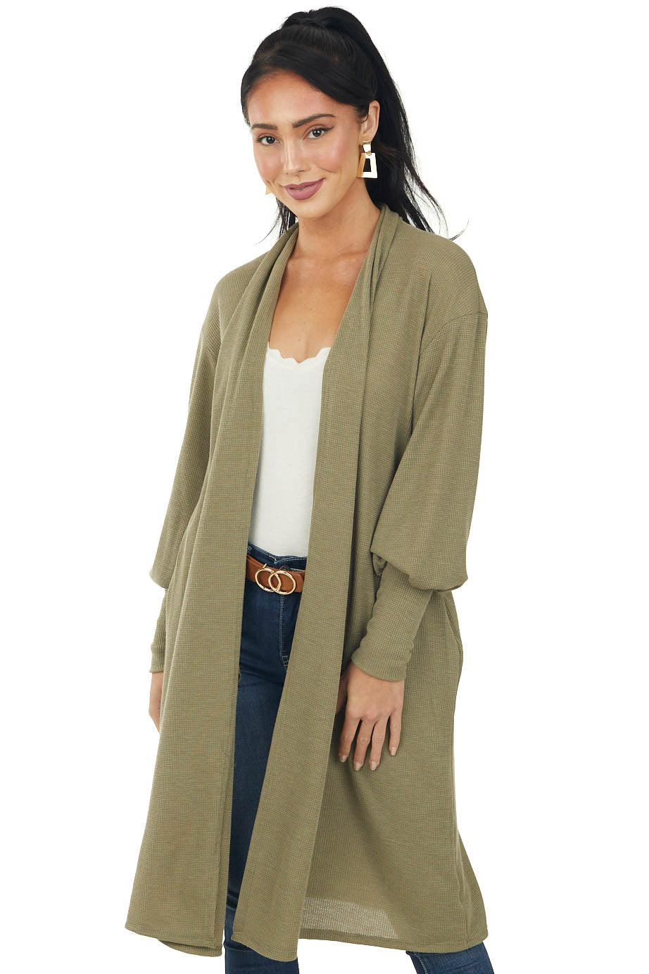 Olive Bubble Sleeve Thermal Knit Duster Cardigan