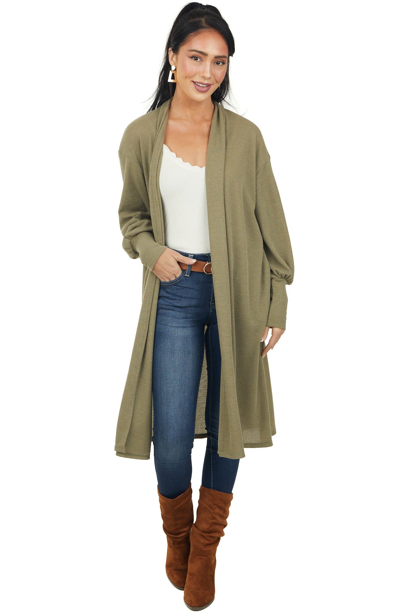 Olive Bubble Sleeve Thermal Knit Duster Cardigan