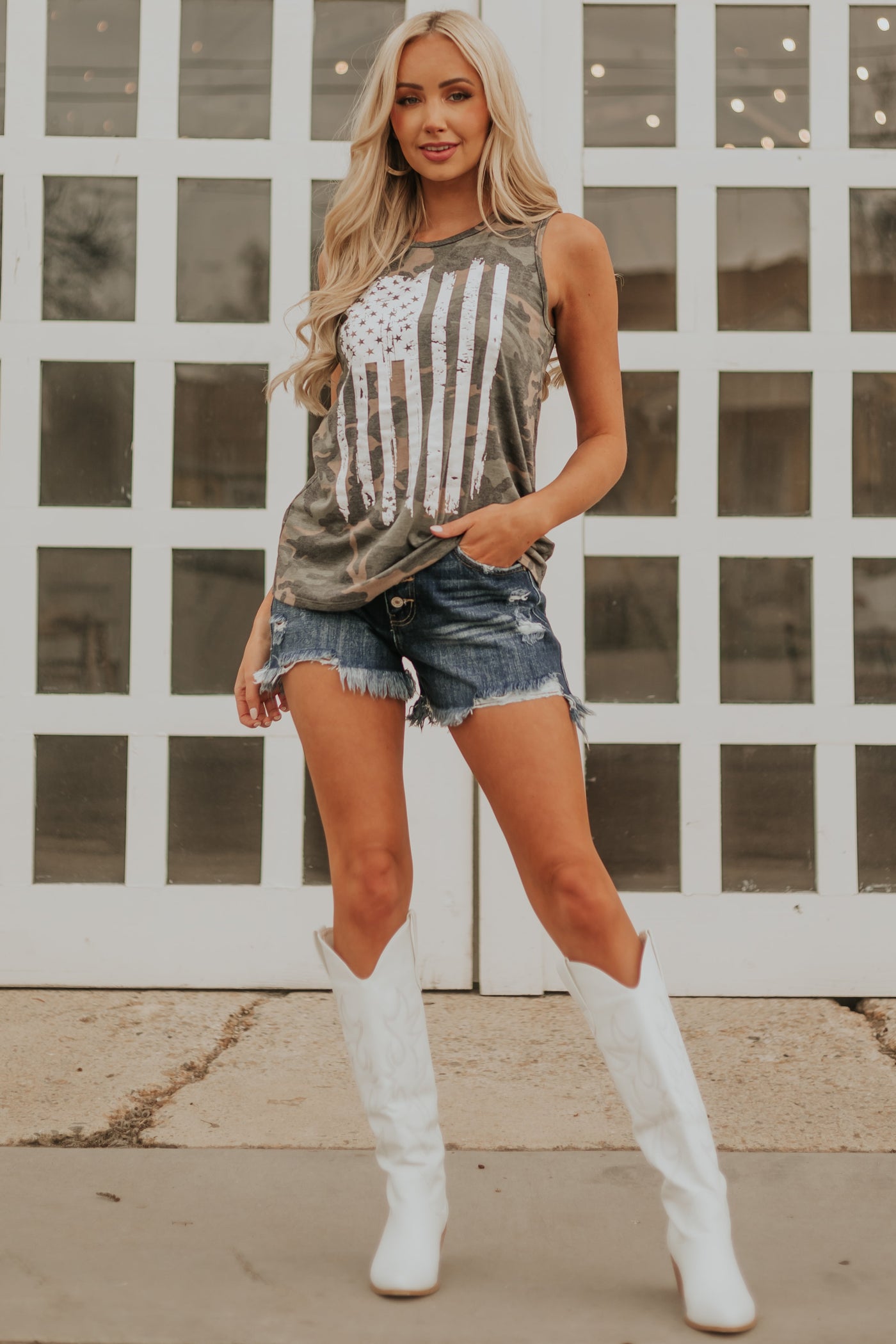 Olive Camo Print Vintage Americana Tank Top