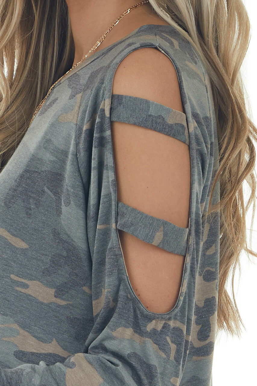 Olive Camo Raglan Sleeve Ladder Cut Out Top