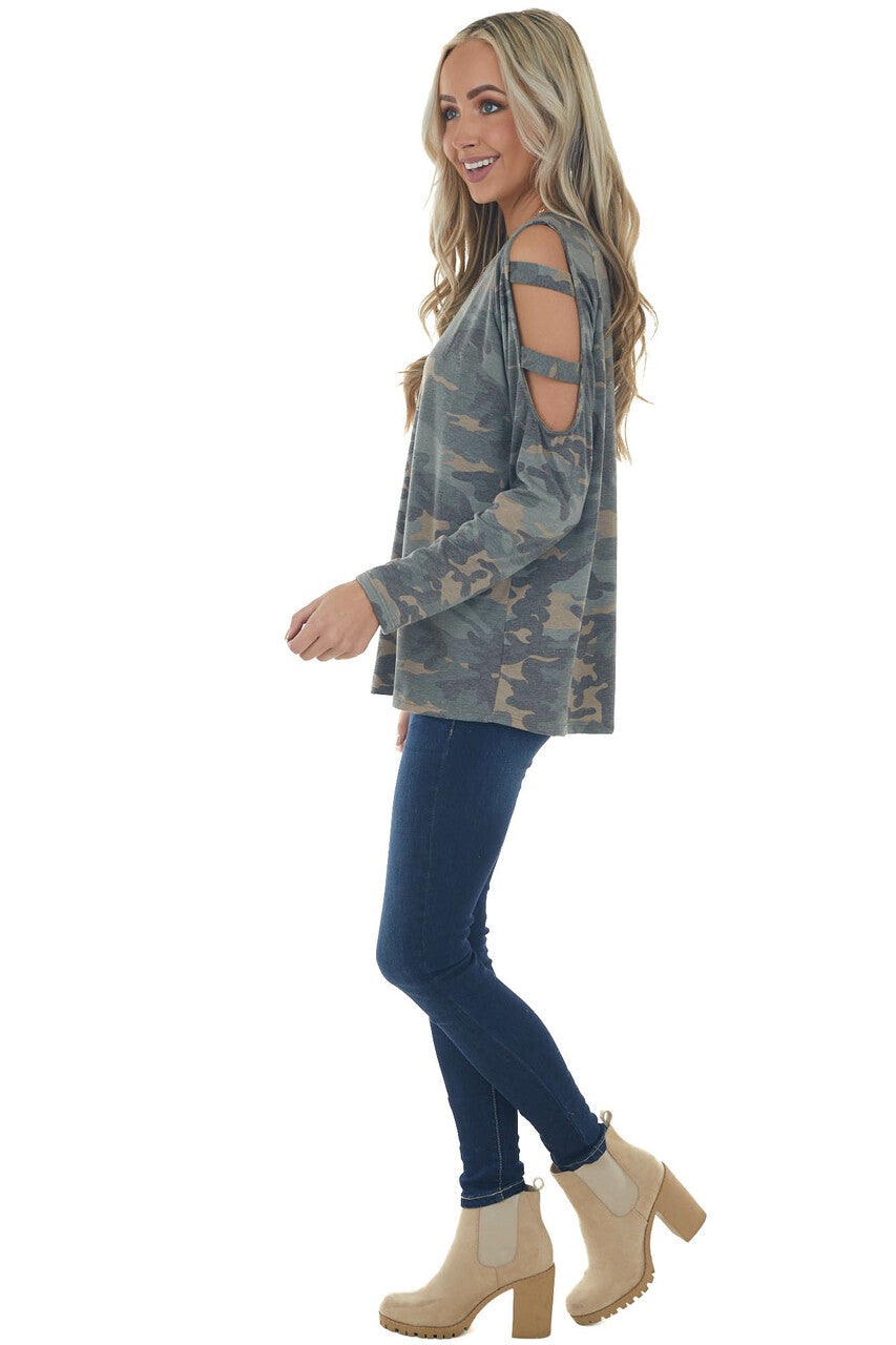 Olive Camo Raglan Sleeve Ladder Cut Out Top