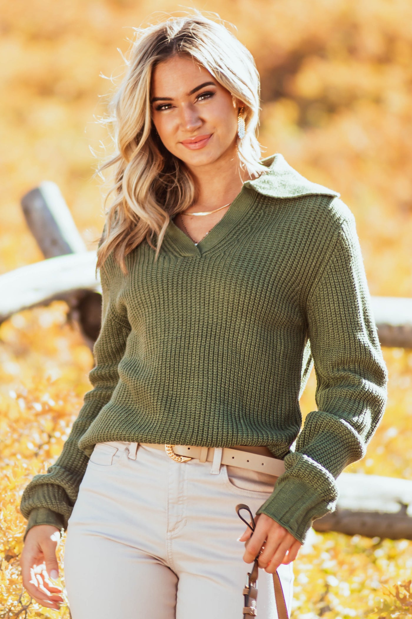 Olive Collared Long Sleeve Knit Sweater