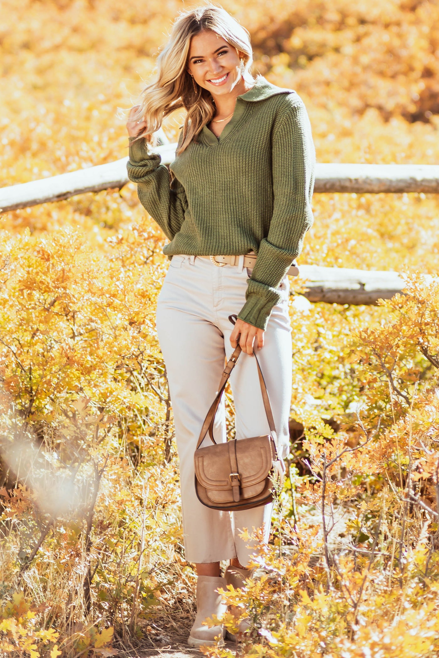 Olive Collared Long Sleeve Knit Sweater