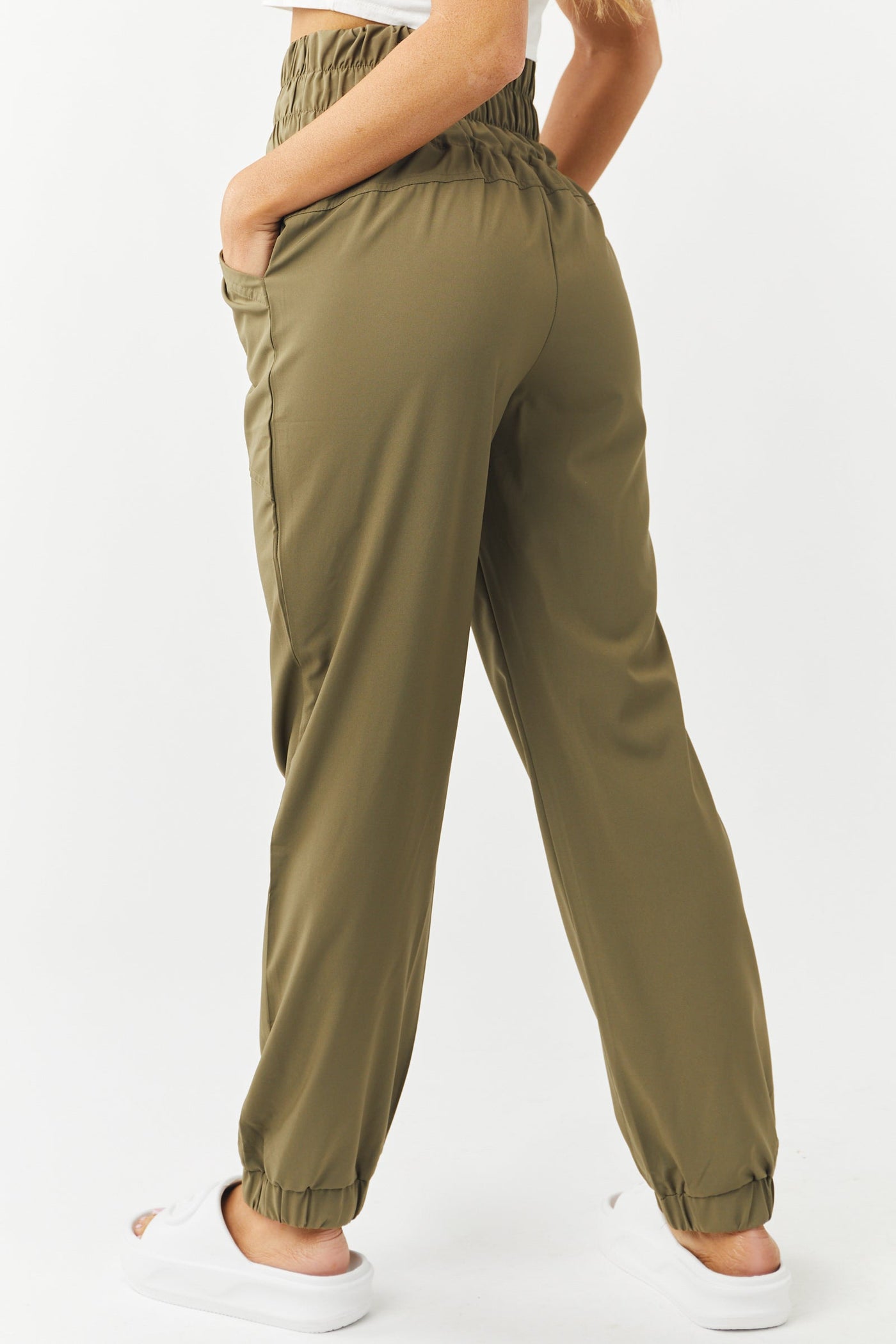 Olive Elastic Waist Woven Cargo Joggers