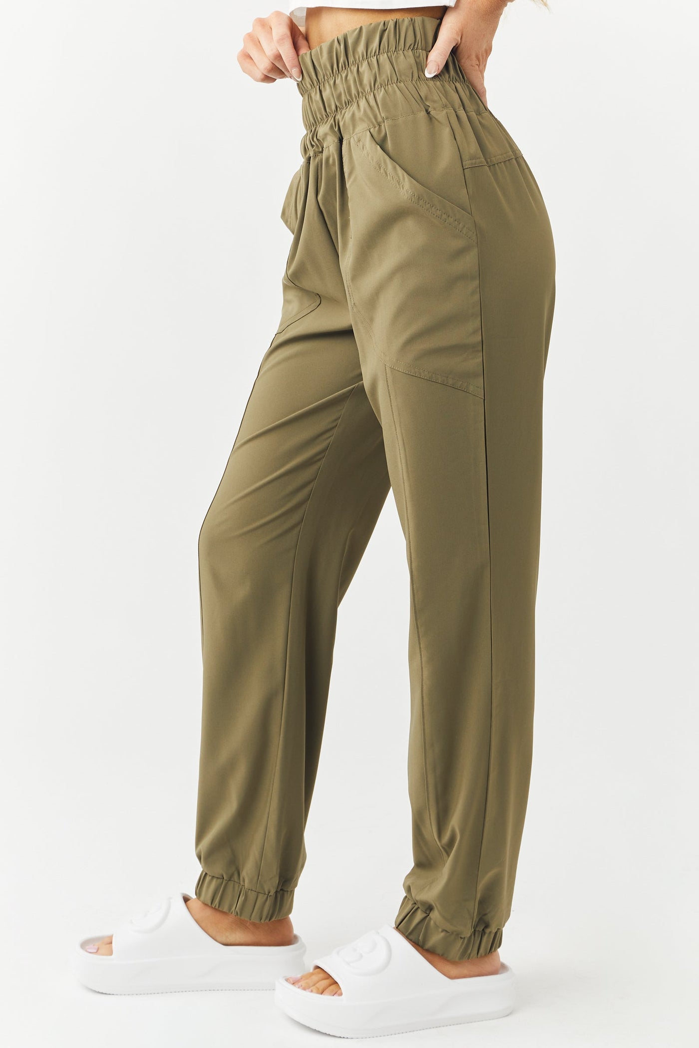 Olive Elastic Waist Woven Cargo Joggers