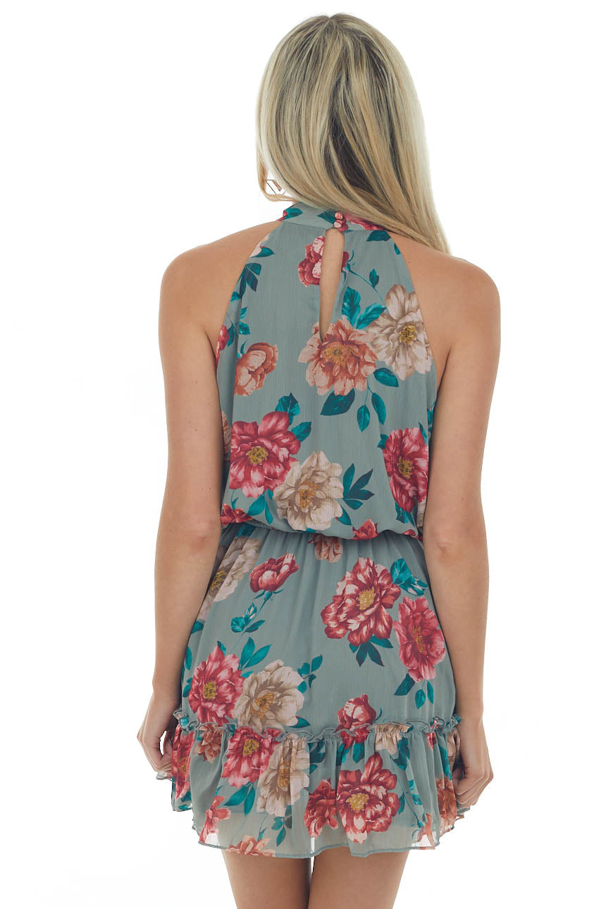 Olive Floral Print Halter Neck Ruffle Dress