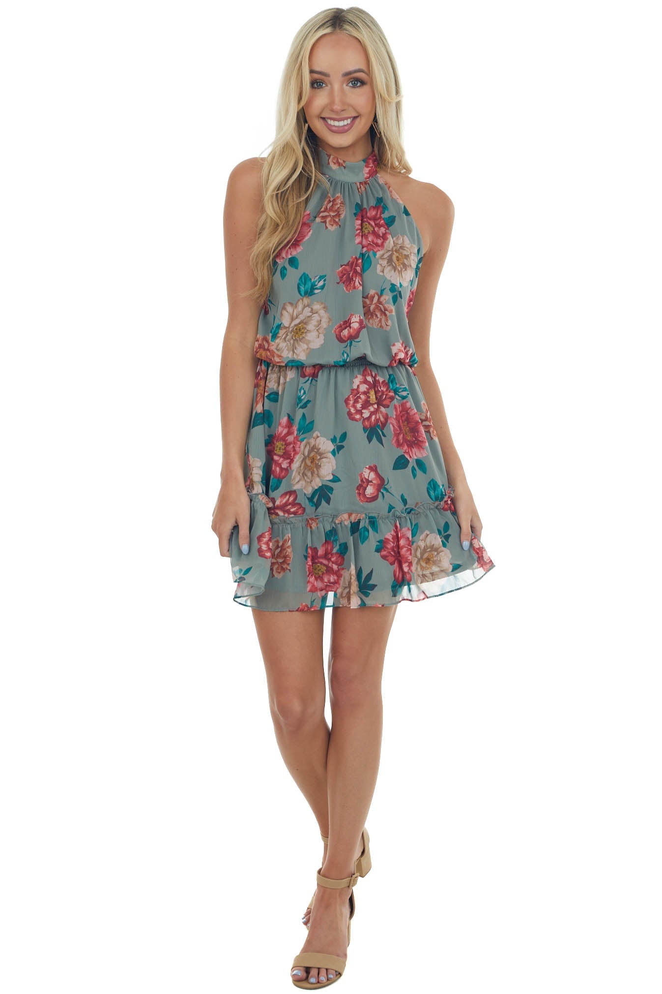 Olive Floral Print Halter Neck Ruffle Dress
