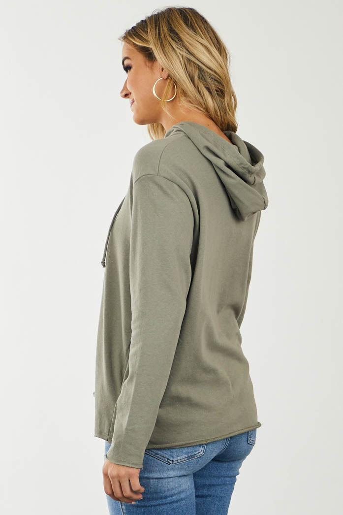 Olive French Terry Raw Hem Drawstring Hoodie
