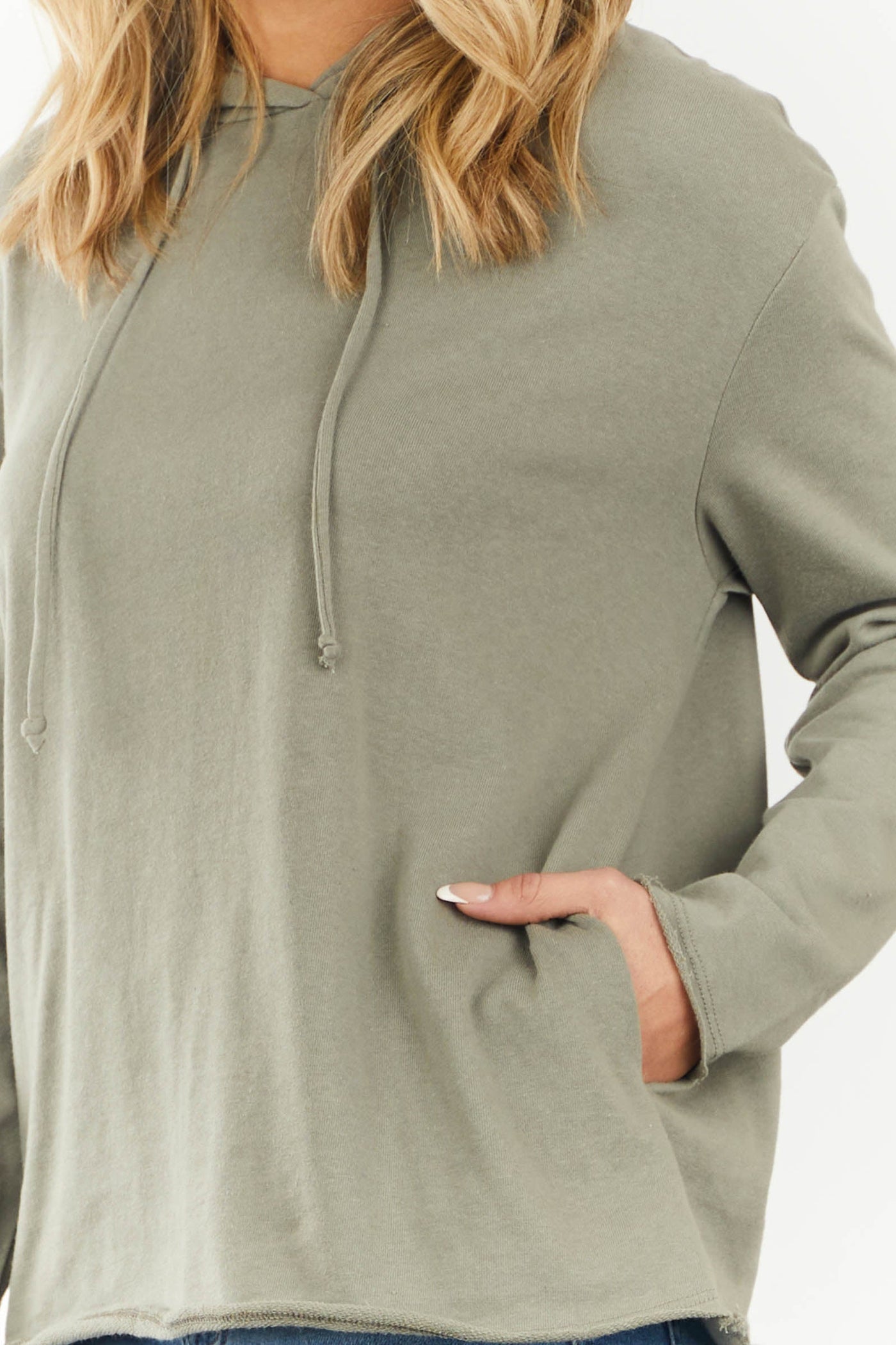 Olive French Terry Raw Hem Drawstring Hoodie